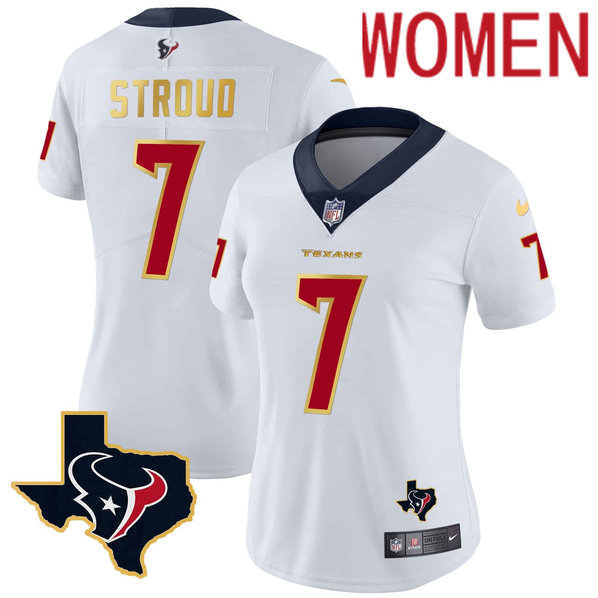 Women Houston Texans #7 Stroud White Gold 2024 Nike Trim Vapor NFL Jersey->customized nfl jersey->Custom Jersey